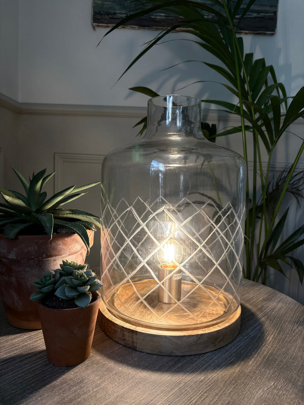 Etched Glass Hurricane Lamp - Natural