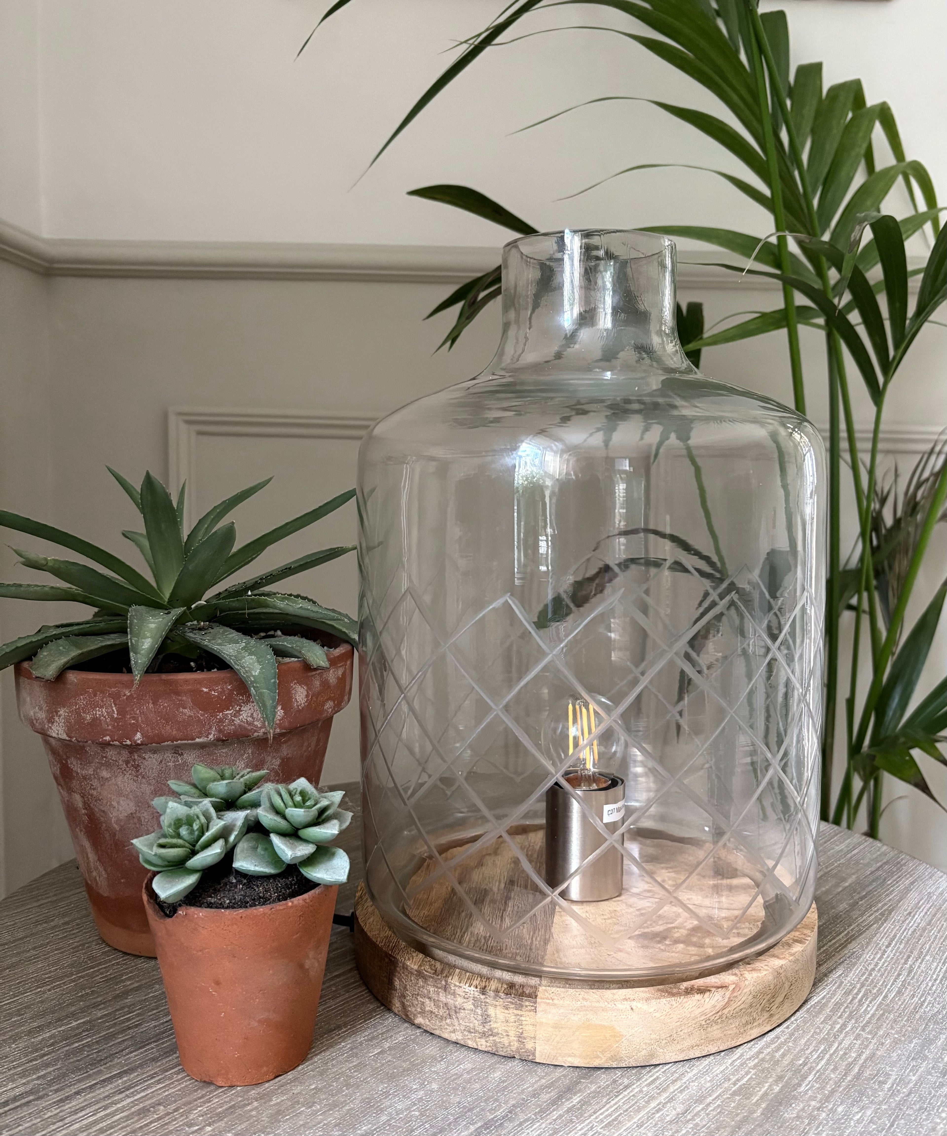 Etched Glass Hurricane Lamp - Natural