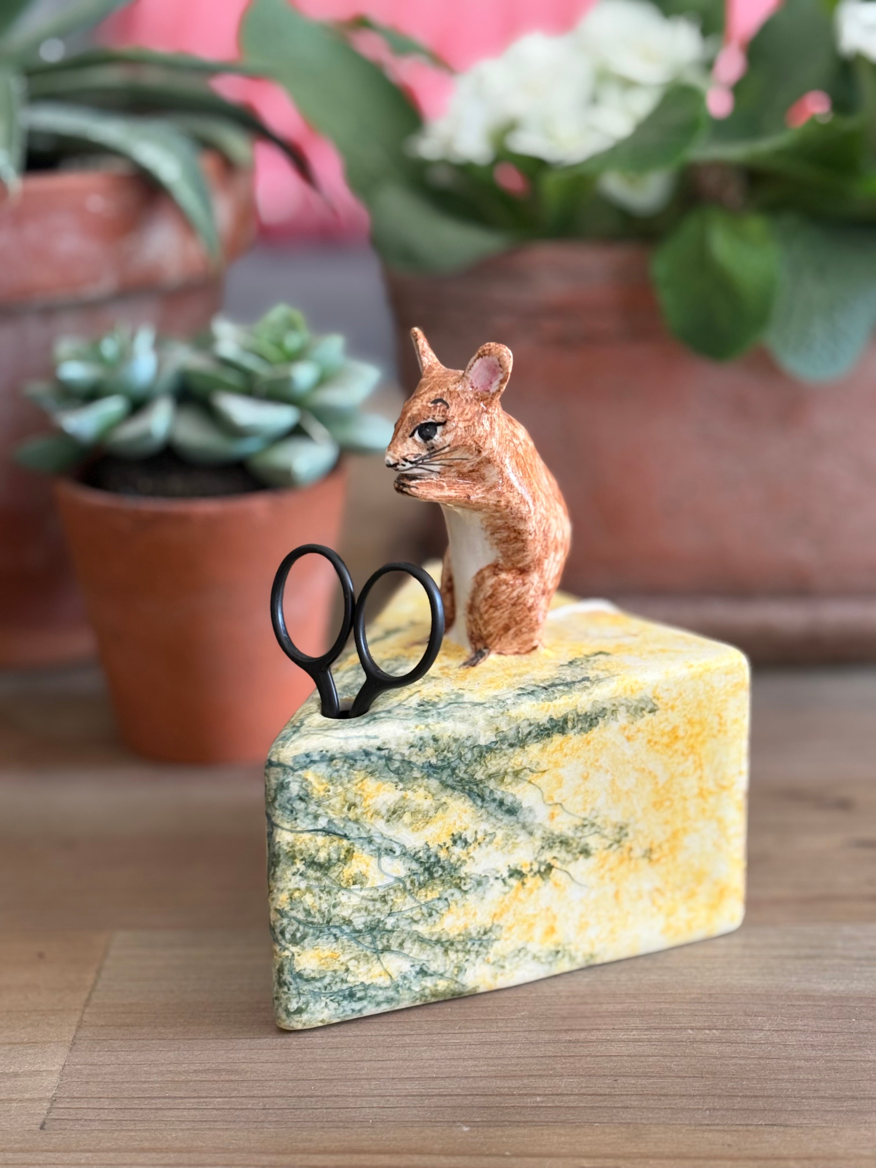 Ceramic Mouse And Cheese With Scissors and String