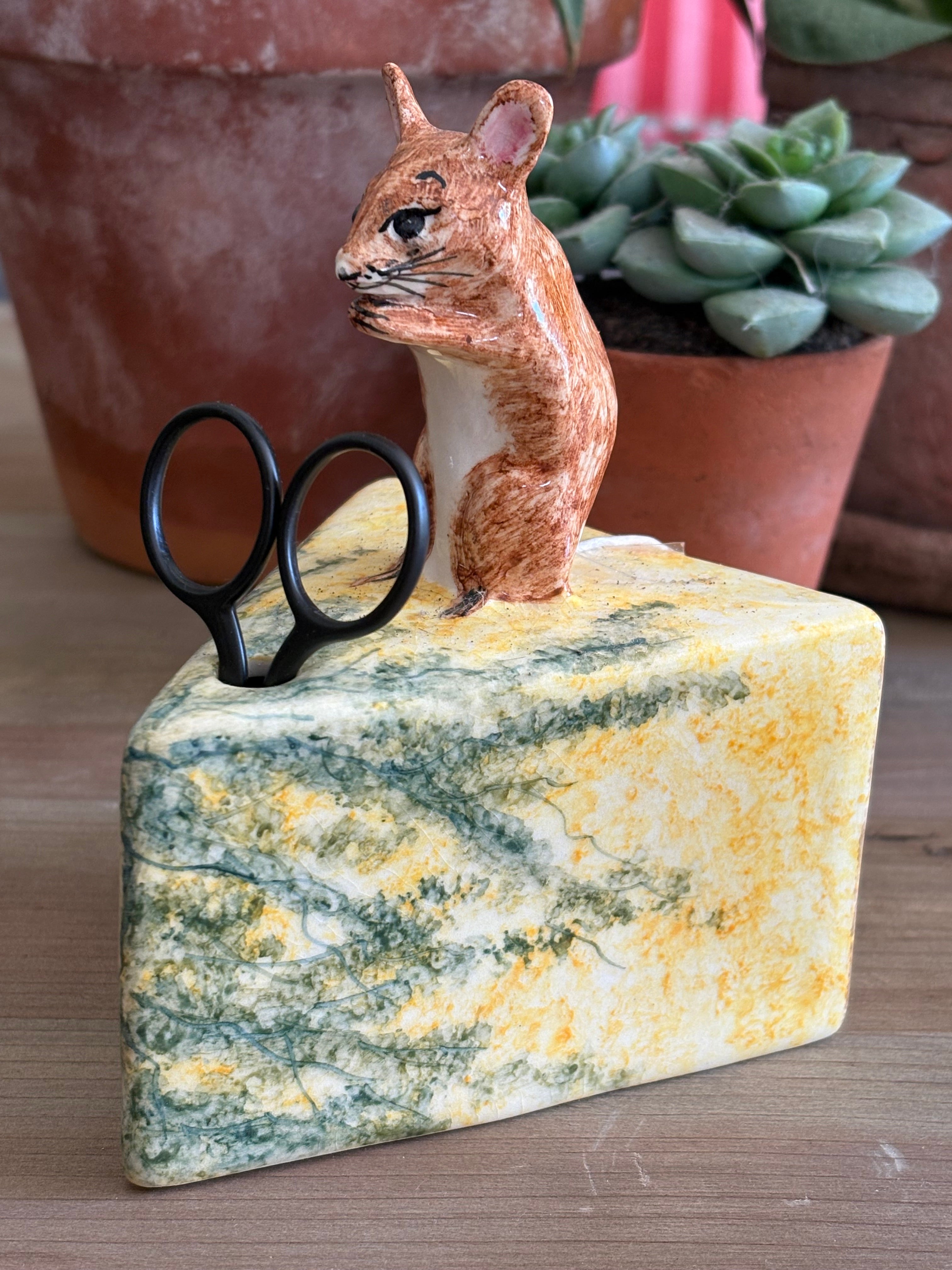 Ceramic Mouse And Cheese With Scissors and String