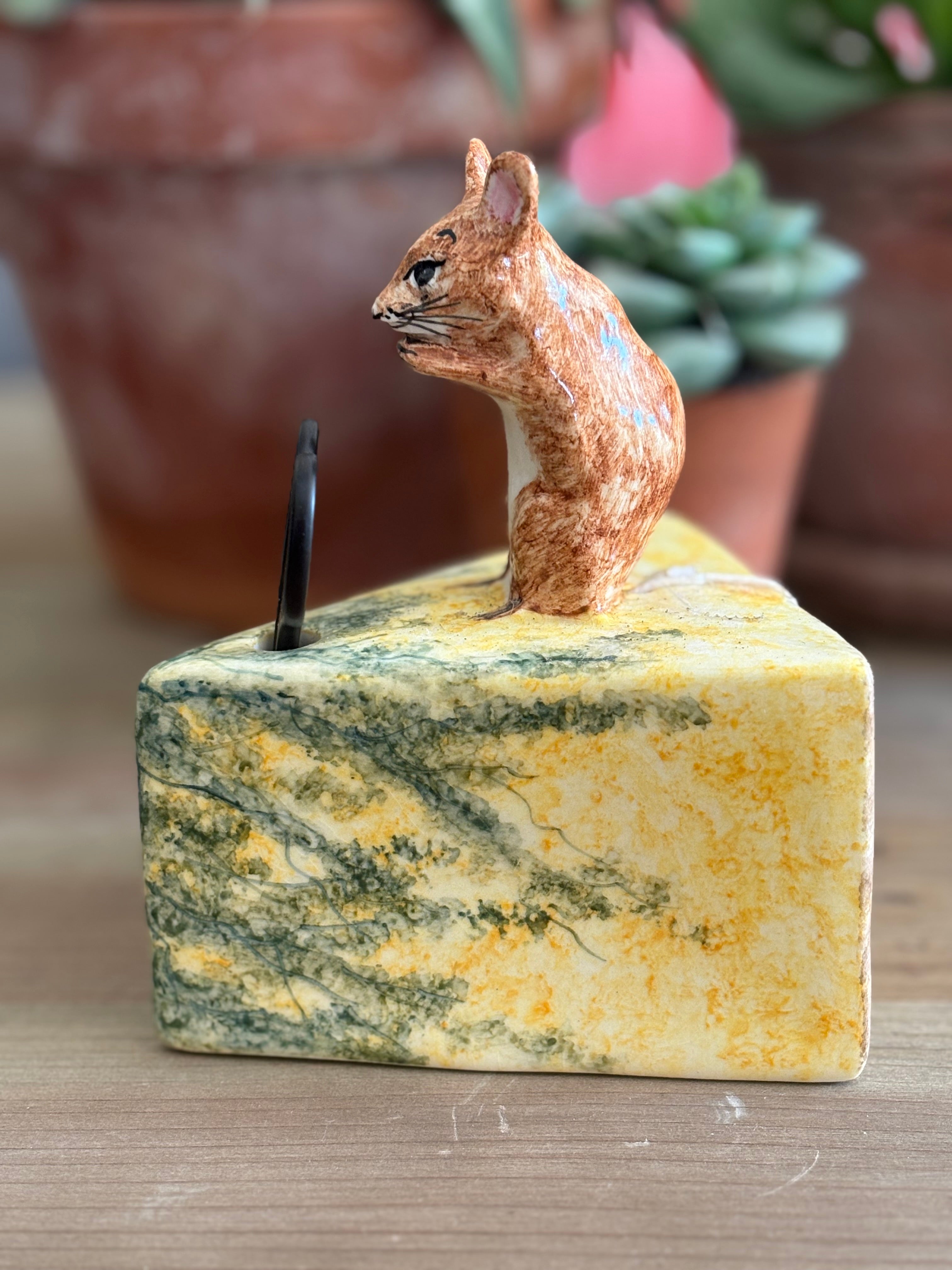 Ceramic Mouse And Cheese With Scissors and String