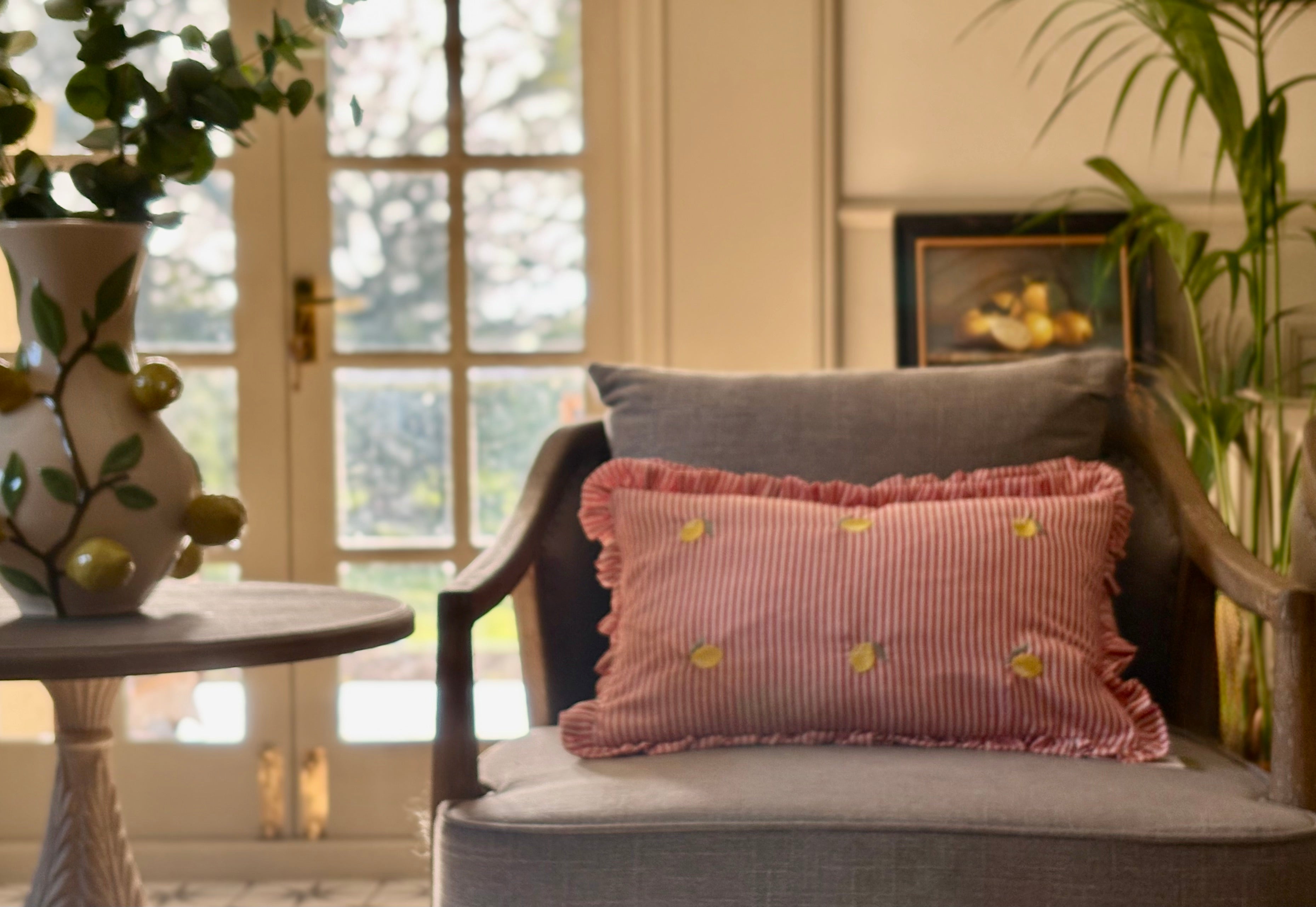 Striped Pink Cushion With Lemons