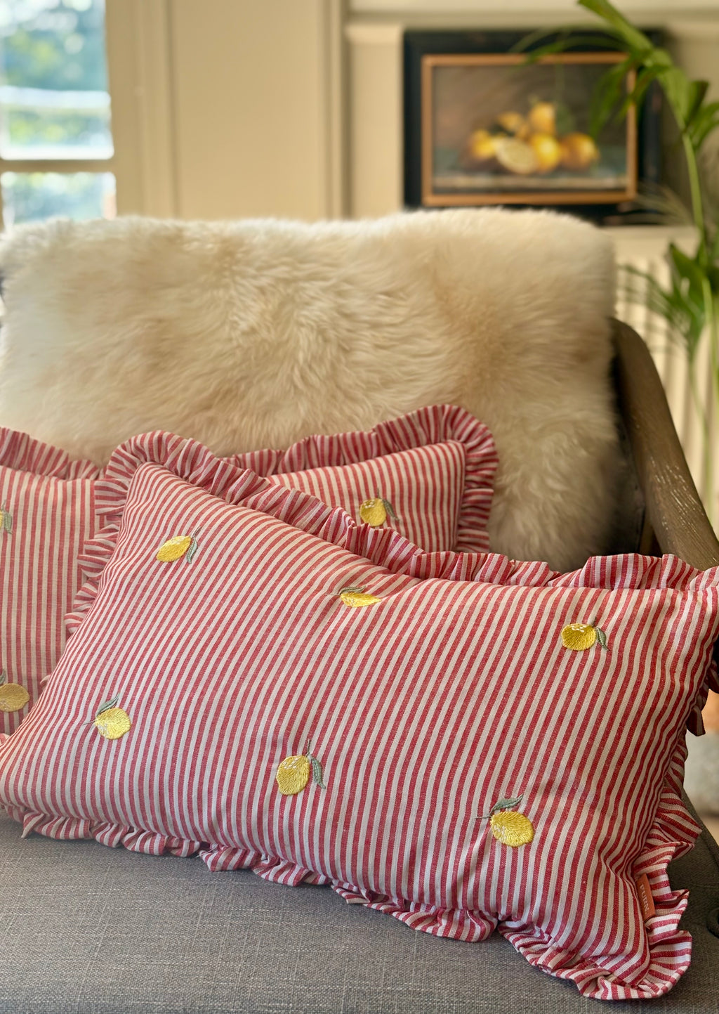 Striped Pink Cushion With Lemons