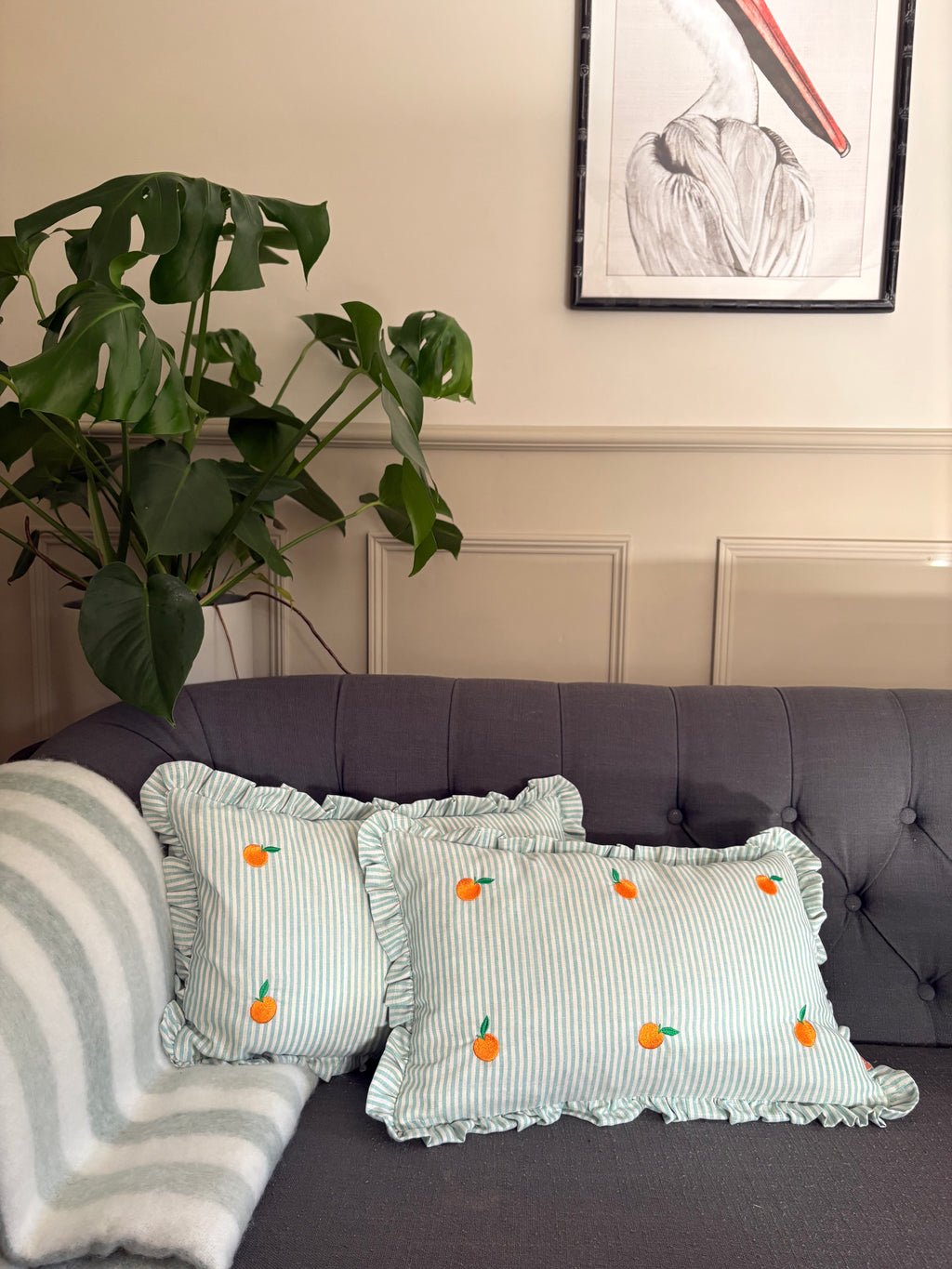 Striped Green Cushion with Oranges detail