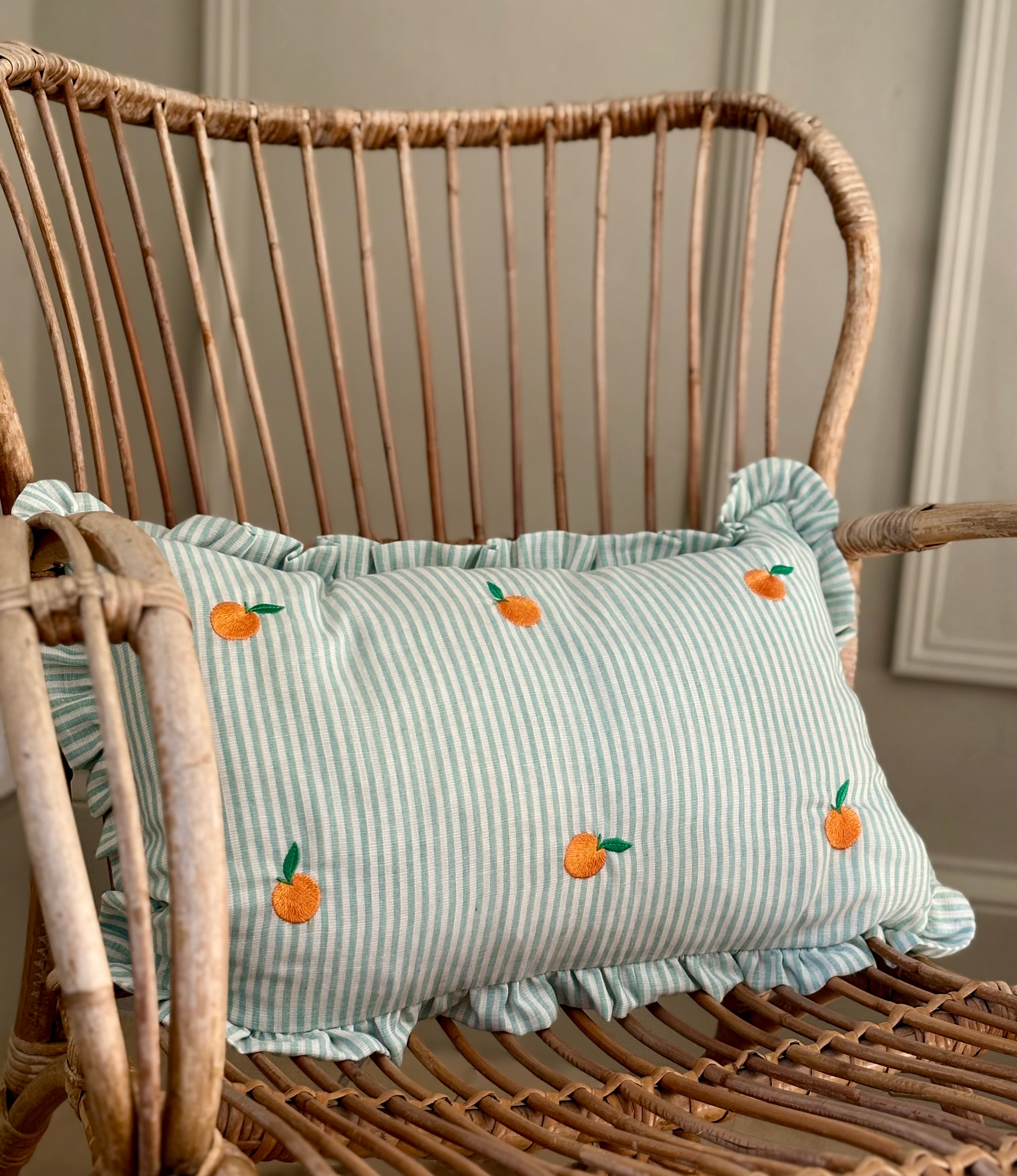 Striped Green Cushion with Oranges detail