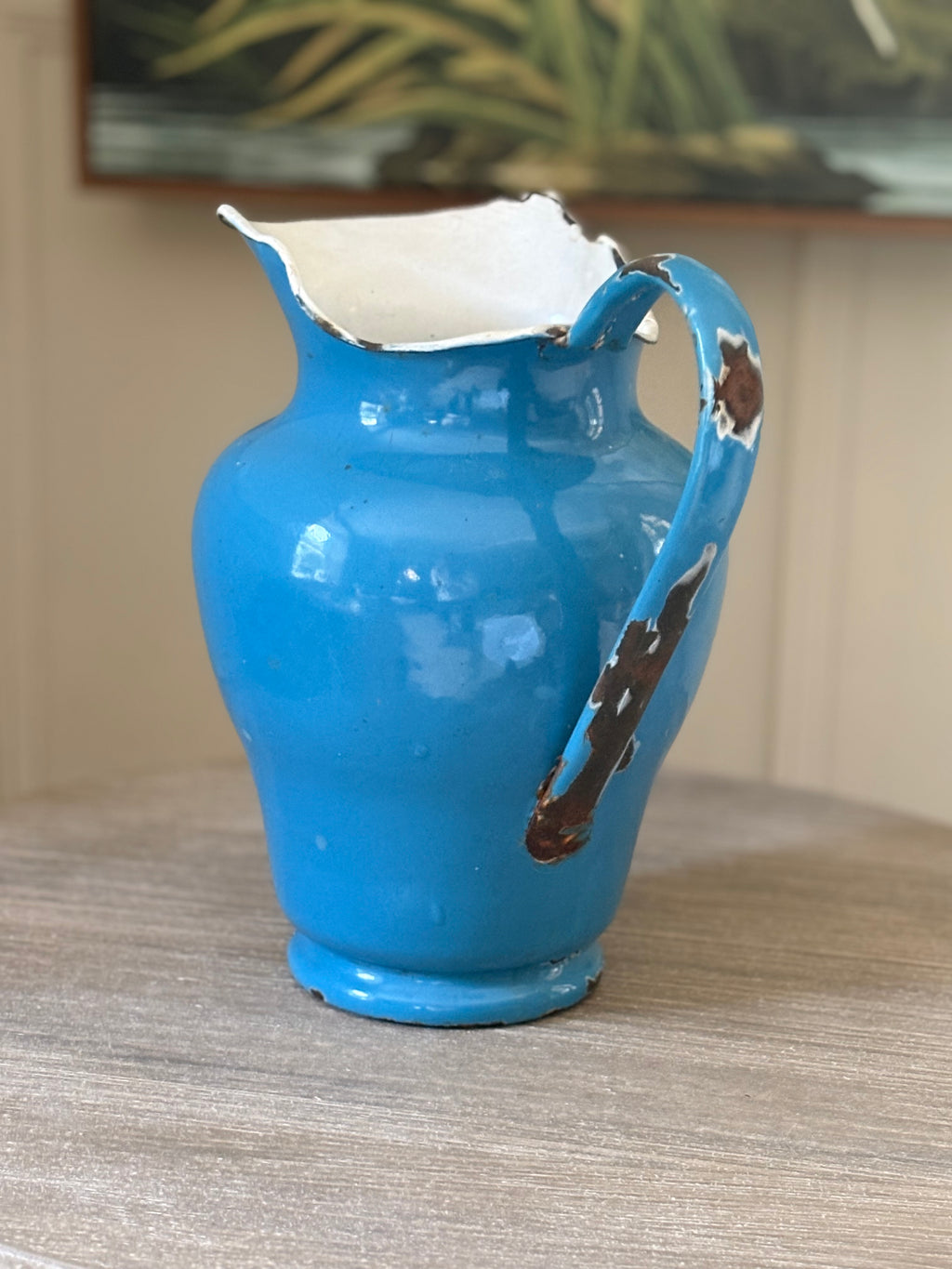French Vintage Blue Enamel Jug
