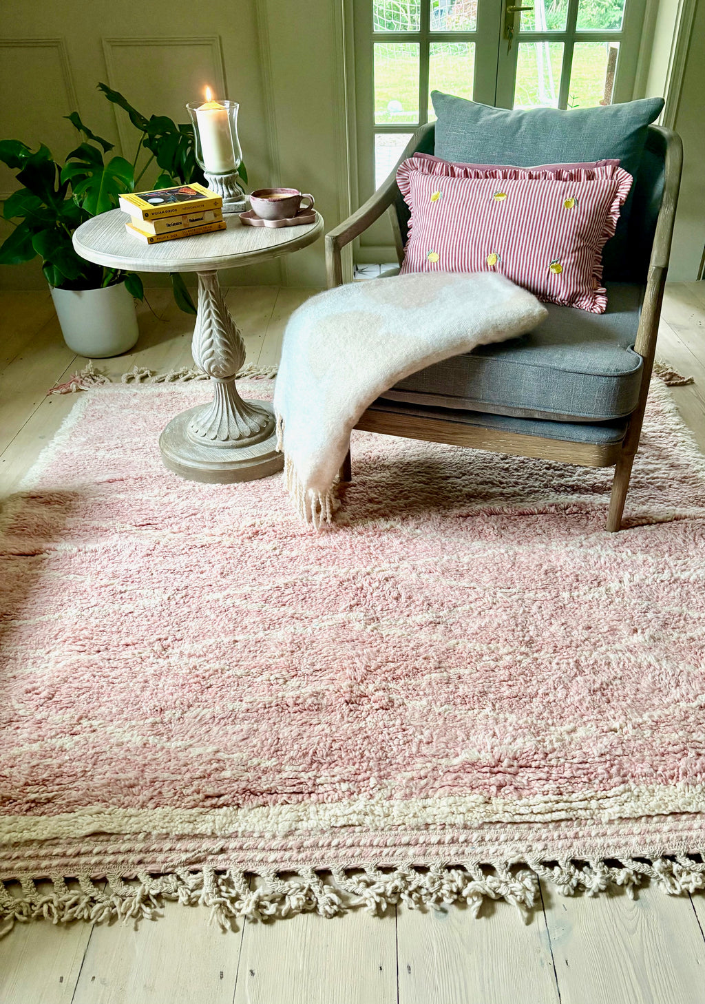 Pink and Cream Berber Wool Rug
