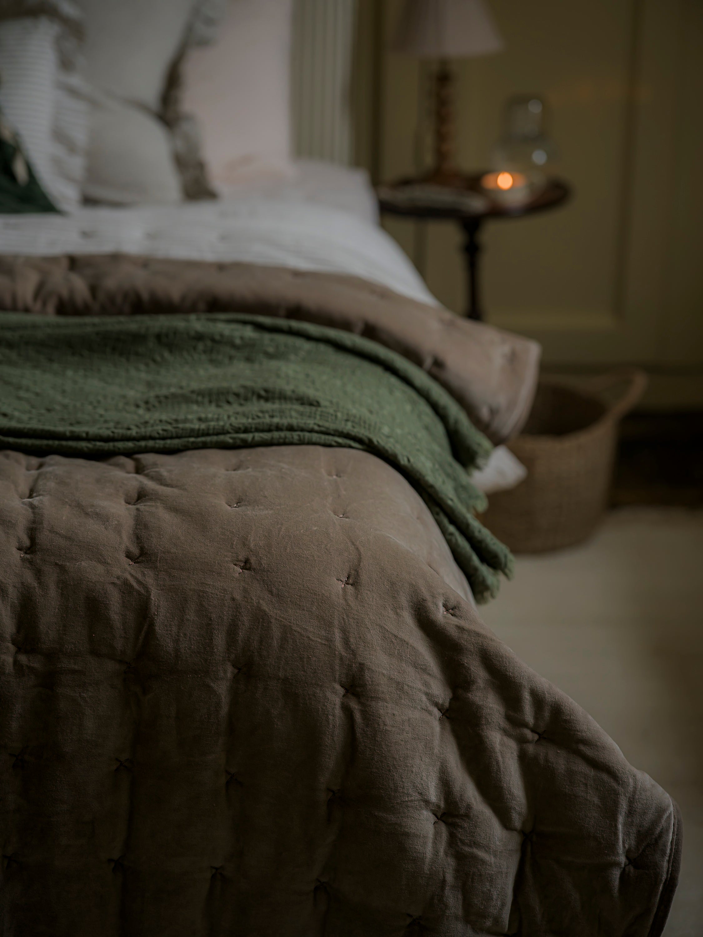 Indian Cotton Velvet Bedspread With Pinstripe reverse - Taupe