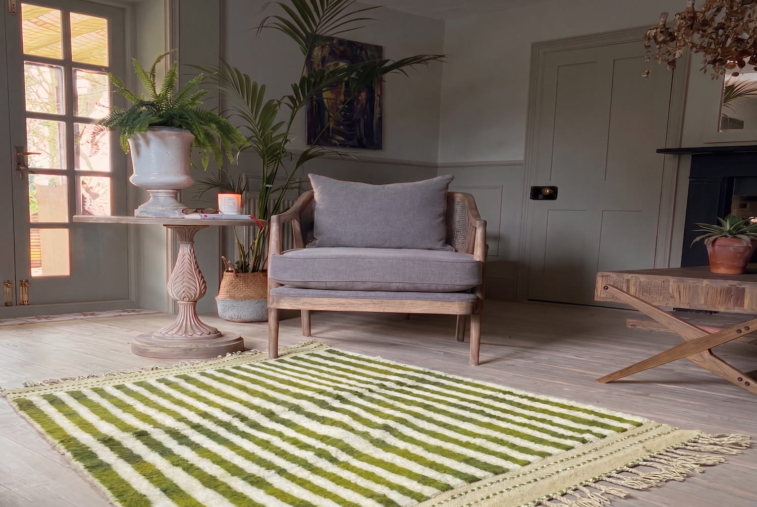 Olive Green Striped Wool Rug